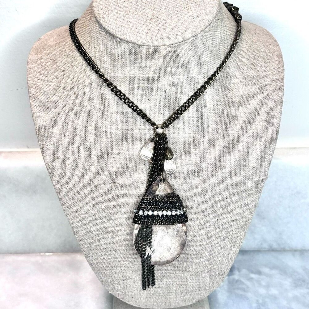 Vintage Anthropologie Teardrop Crystal Pendant With Curb & Rockstud Chain Link N
